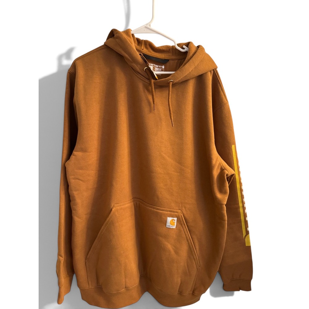 Carhartt Hoodie Mens XL Brown Midweight Logo Sleeve Graphic Sweatshirt TS7060-M